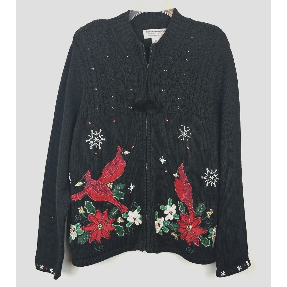 Vintage Tiara International Sweater Women XL Black Cardigan Christmas Knit Black